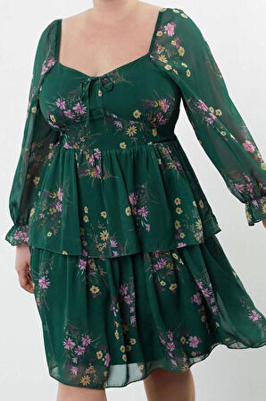 Kadın Moda Şık Büyük Beden Mini Boy Kare Yaka Relaxed Şifon Dokuma Büyük Beden Elbise