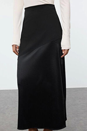 Kadın Moda Stil Midi Astarsız Örme Tesettür Saten Detaylı Örme Etek