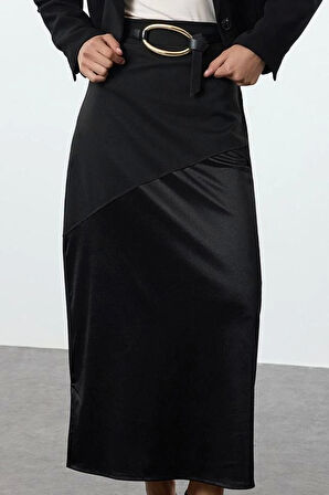 Kadın Moda Stil Midi Astarsız Örme Tesettür Saten Detaylı Örme Etek