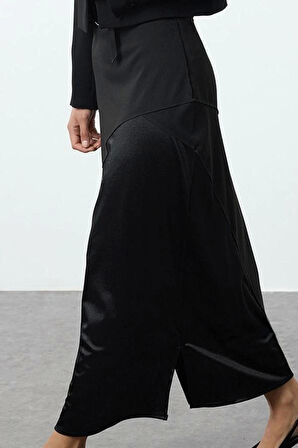 Kadın Moda Stil Midi Astarsız Örme Tesettür Saten Detaylı Örme Etek