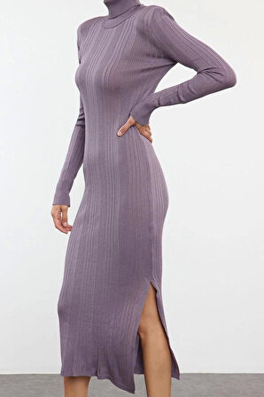 Kadın Moda Şık Maxi Boy Dik Yaka Slim Triko Balıkçı Yaka Sim İplik Elbise