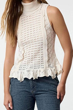 Kadın Moda Şık Balıkçı Yaka Standart Kol Regular Ajurlu Triko Süveter