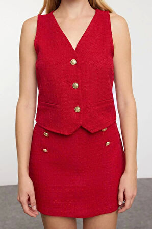 Kadın Moda Şık Regular Kısa Boy Uzun Kollu Düğme Detaylı Tüvit Kumaş Dokuma Yelek-Etek Takım