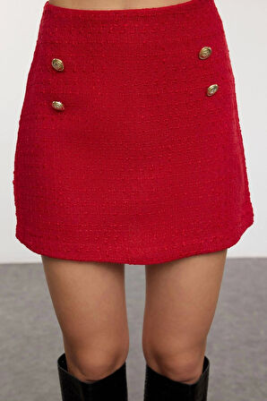 Kadın Moda Şık Regular Kısa Boy Uzun Kollu Düğme Detaylı Tüvit Kumaş Dokuma Yelek-Etek Takım