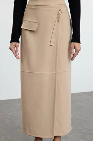 Kadın Moda Stil Maxi Astarsız Dokuma Tesettür Kapama Detaylı Dokuma Etek