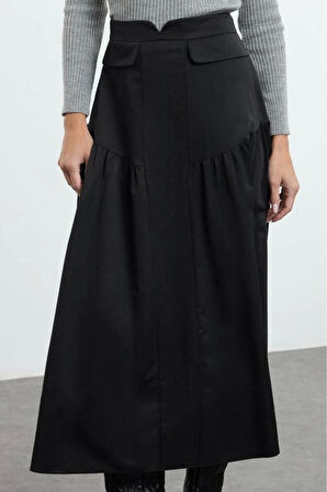 Kadın Moda Stil Maxi Astarsız Dokuma Tesettür Büzgü Detaylı Pamuklu Dokuma Etek