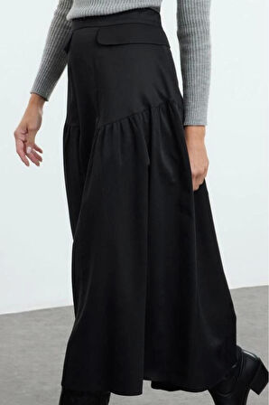 Kadın Moda Stil Maxi Astarsız Dokuma Tesettür Büzgü Detaylı Pamuklu Dokuma Etek