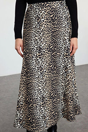 Kadın Moda Stil Maxi Astarlı Dokuma Tesettür Leopar Desenli Dokuma Etek