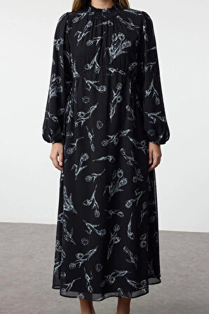 Kadın Moda Şık Tesettür Maxi Boy Dik Yaka Regular Şifon Çiçek Desenli Dokuma Elbise