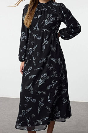 Kadın Moda Şık Tesettür Maxi Boy Dik Yaka Regular Şifon Çiçek Desenli Dokuma Elbise