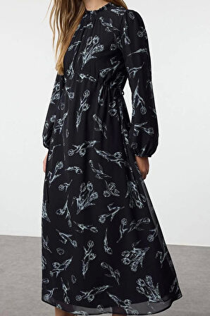 Kadın Moda Şık Tesettür Maxi Boy Dik Yaka Regular Şifon Çiçek Desenli Dokuma Elbise