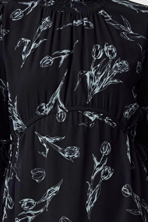 Kadın Moda Şık Tesettür Maxi Boy Dik Yaka Regular Şifon Çiçek Desenli Dokuma Elbise