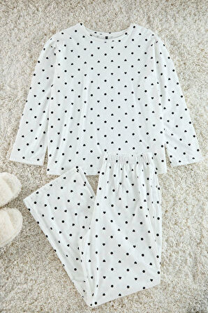 Kadın Moda Büyük Beden Bisiklet Yaka Boru Paça Uzun Kol Kalp ve Puantiye Desenli Örme Pijama Takımı