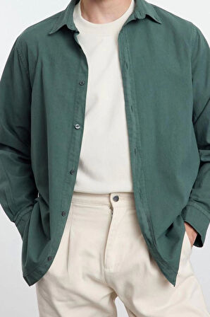 Moda Gömlek Yaka Düz Uzun Kol Unisex Regular Fit %100 Pamuk Keten Görünümlü Gömlek