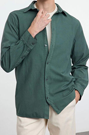 Moda Gömlek Yaka Düz Uzun Kol Unisex Regular Fit %100 Pamuk Keten Görünümlü Gömlek