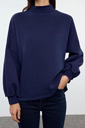 Kadın Oversize Dik Yaka Uzun Basic Çizgili Kalıp Yarım Balıkçı Kalın Polarlı Örme Sweatshirt