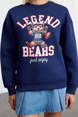Kadın Moda Bol Bisiklet Yaka Düşük Kol Uzun Baskılı Geniş Kalıp Kalın İçi Polarlı Örme Sweatshirt