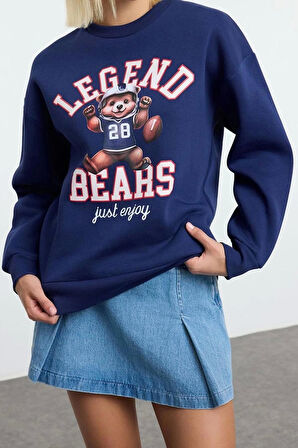 Kadın Moda Bol Bisiklet Yaka Düşük Kol Uzun Baskılı Geniş Kalıp Kalın İçi Polarlı Örme Sweatshirt