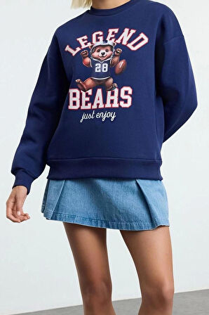 Kadın Moda Bol Bisiklet Yaka Düşük Kol Uzun Baskılı Geniş Kalıp Kalın İçi Polarlı Örme Sweatshirt