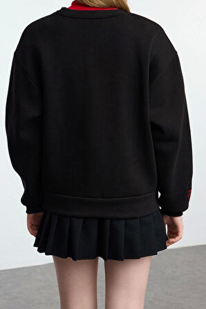 Kadın Regular Bisiklet Yaka Düşük Kol Regular Nakışlı Normal Kalıp Kalın İçi Polarlı Örme Sweatshirt