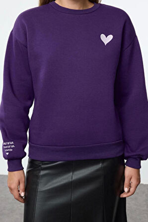 Kadın Regular Bisiklet Yaka Düşük Kol Regular Nakışlı Normal Kalıp Kalın İçi Polarlı Örme Sweatshirt