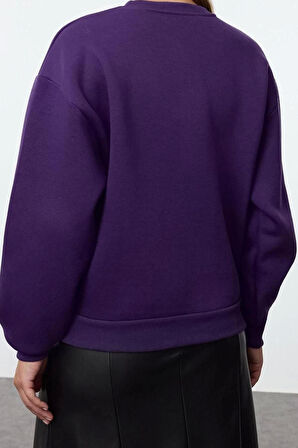 Kadın Regular Bisiklet Yaka Düşük Kol Regular Nakışlı Normal Kalıp Kalın İçi Polarlı Örme Sweatshirt