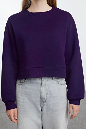 Kadın Bisiklet Yaka Düşük Kol Crop Kalın Polarlı Geniş Kalıp Crop Basic Örme Sweatshirt