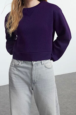 Kadın Bisiklet Yaka Düşük Kol Crop Kalın Polarlı Geniş Kalıp Crop Basic Örme Sweatshirt