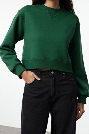 Kadın Bisiklet Yaka Düşük Kol Crop Kalın Polarlı Geniş Kalıp Crop Basic Örme Sweatshirt
