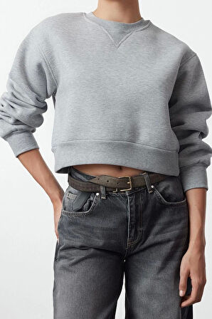 Kadın Bisiklet Yaka Düşük Kol Crop Kalın Polarlı Geniş Kalıp Crop Basic Örme Sweatshirt