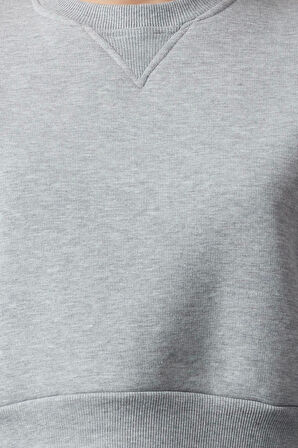 Kadın Bisiklet Yaka Düşük Kol Crop Kalın Polarlı Geniş Kalıp Crop Basic Örme Sweatshirt