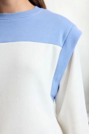 Kadın Moda Regular Bisiklet Yaka Düşük Kol Regular Kalın İçi Polarlı Normal Kalıp Örme Sweatshirt
