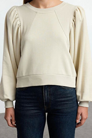 Kadın Moda Şık Regular Bisiklet Yaka Balon Kol Regular Kalın Normal Kalıp Balon Kol Örme Sweatshirt