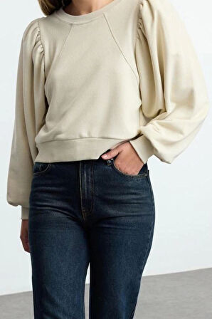 Kadın Moda Şık Regular Bisiklet Yaka Balon Kol Regular Kalın Normal Kalıp Balon Kol Örme Sweatshirt
