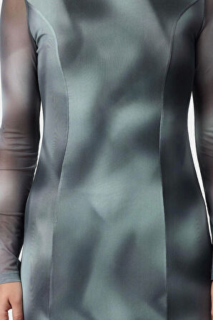 Kadın Moda Şık Midi Boy Bisiklet Yaka Slim Soyut Soyut Desenli Etek Ucu Fıfrfırlı Örme Elbise