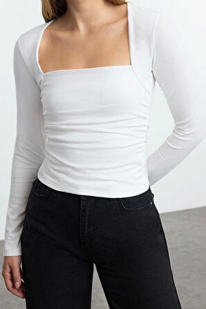 Kadın Moda Şık Üst Giyim Regular Kare Yaka Slim Kalıp Örme Büzgü Drape Detaylı Vücuda Oturan Bluz