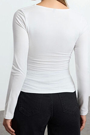 Kadın Moda Şık Üst Giyim Regular Kare Yaka Slim Kalıp Örme Büzgü Drape Detaylı Vücuda Oturan Bluz