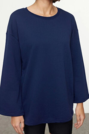 Kadın Moda Şık Bol Bisiklet Yaka İspanyol Kol Uzun Geniş Kalıp İspanyol Kol Örme Sweatshirt
