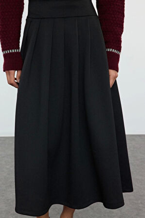 Kadın Moda Stil Midi Astarsız Örme Yüksek Bel Kloş Pili Detaylı Midi Etek