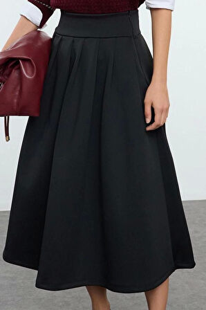 Kadın Moda Stil Midi Astarsız Örme Yüksek Bel Kloş Pili Detaylı Midi Etek