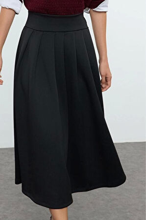 Kadın Moda Stil Midi Astarsız Örme Yüksek Bel Kloş Pili Detaylı Midi Etek