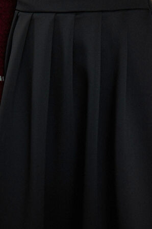 Kadın Moda Stil Midi Astarsız Örme Yüksek Bel Kloş Pili Detaylı Midi Etek