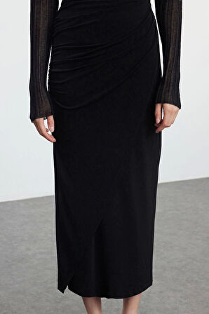 Kadın Moda Stil Maxi Astarsız Örme Büzgü Drape Detaylı Maxi Anvelop Esnek Etek