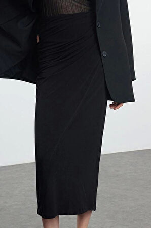 Kadın Moda Stil Maxi Astarsız Örme Büzgü Drape Detaylı Maxi Anvelop Esnek Etek