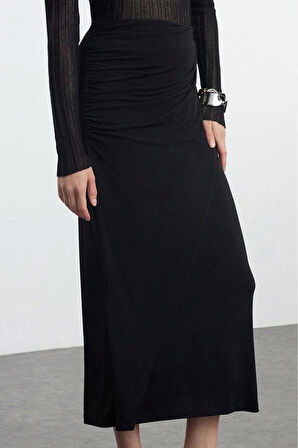 Kadın Moda Stil Maxi Astarsız Örme Büzgü Drape Detaylı Maxi Anvelop Esnek Etek