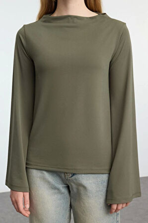 Kadın Moda Şık Üst Giyim Regular Kayık Yaka İspanyol Kol Relaxed Kalıp Örme Rahat Kalıp Esnek Bluz