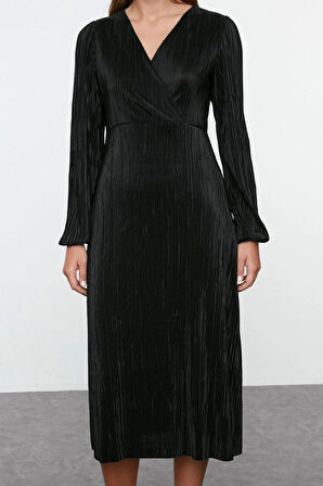 Kadın Moda Şık Midi Boy Kruvaze Regular Pilise Astarlı Anvelop Esnek Örme Elbise