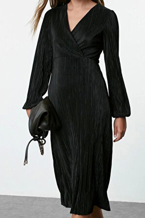 Kadın Moda Şık Midi Boy Kruvaze Regular Pilise Astarlı Anvelop Esnek Örme Elbise