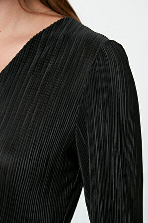 Kadın Moda Şık Midi Boy Kruvaze Regular Pilise Astarlı Anvelop Esnek Örme Elbise