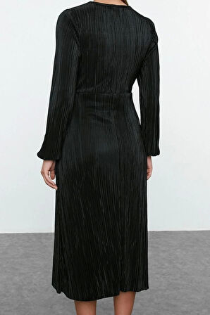 Kadın Moda Şık Midi Boy Kruvaze Regular Pilise Astarlı Anvelop Esnek Örme Elbise